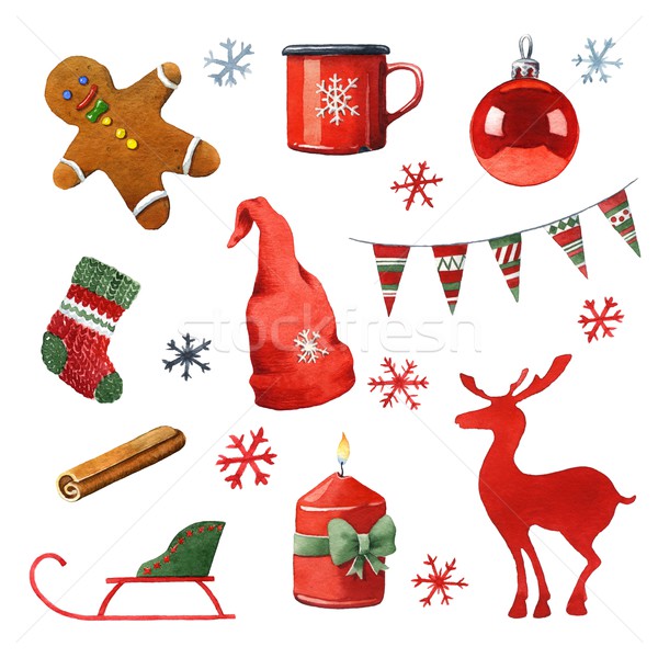 Stockfoto: Aquarel · christmas · clipart · hand · geschilderd · ontwerp