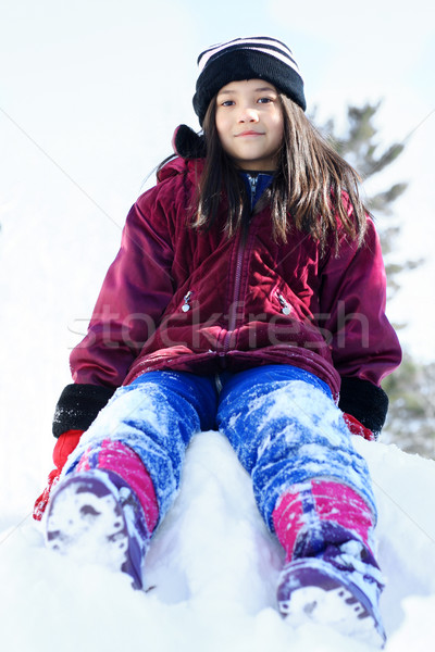 [[stock_photo]]: Petite · fille · séance · neige · hiver · peu