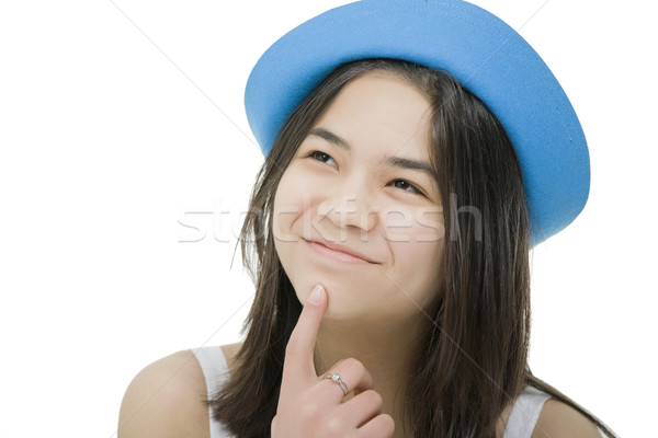 Foto stock: Jóvenes · azul · sombrero · hermosa