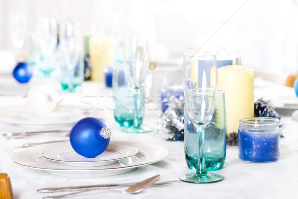 Foto stock: Natal · tabela · conjunto · blues · azul · branco