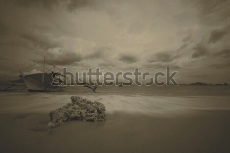Stockfoto: Strand · landschap · achtergrond · Blauw · zand · boot