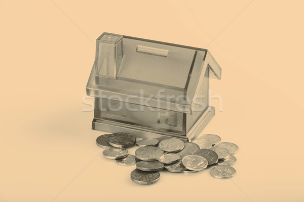 Foto stock: Azul · casa · dinheiro · caixa · branco · moedas