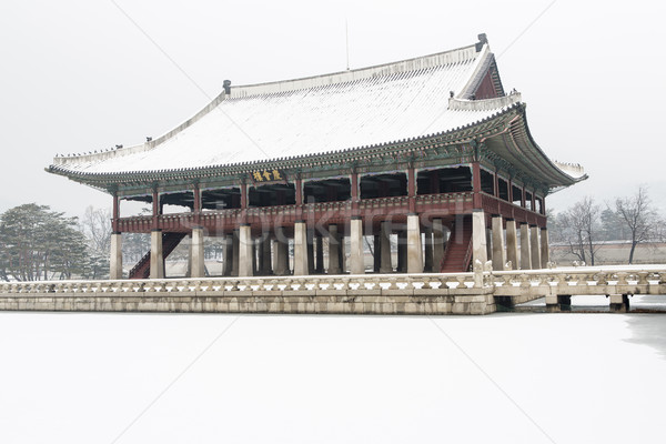 beautiful gyeongbok palace in soul, south korea - under snow, winter Stock photo © jarin13