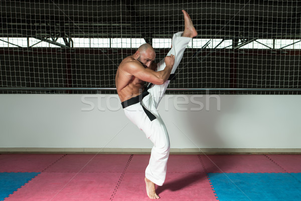 érett férfi rúgás kimonó taekwondo vadászrepülő szakértő Stock fotó © Jasminko