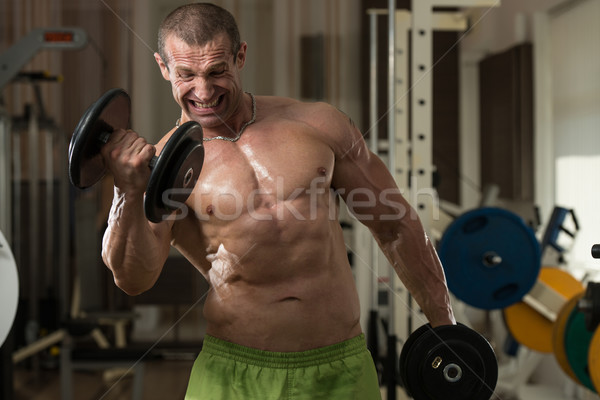 Young Man Working Out Biceps Dumbbell Concentration Curls Stock photo © Jasminko
