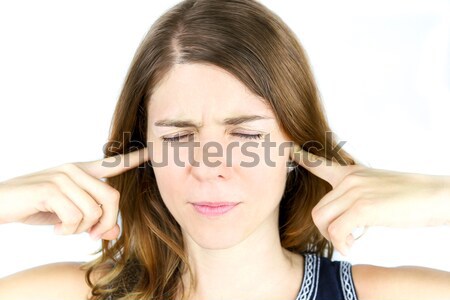[[stock_photo]]: Bruyants · jeune · femme · mains · oreilles · sur · femme
