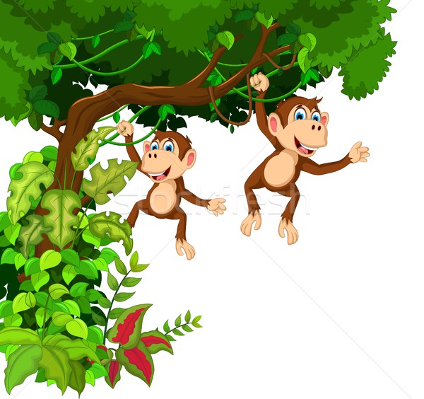 Macaco de desenho animado na árvore e polegar para cima
