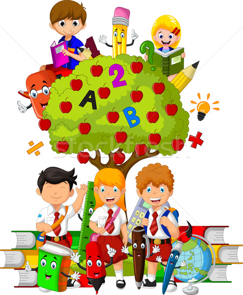 Foto stock: Engraçado · crianças · verde · apple · tree · completo · vermelho