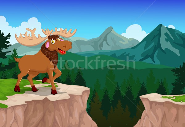 Stock photo: funny moose cartoon with mountain cliff landscape background