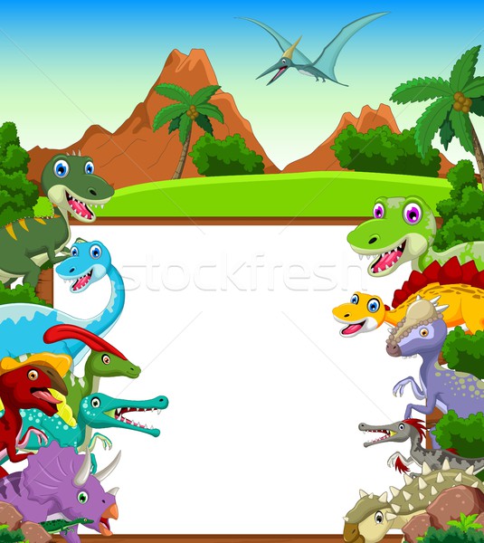Dinosaur cartoon with landscape background and blank sign Stock photo © jawa123