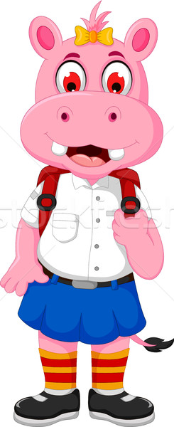 Stock photo: funny female hippo cartoon going to school