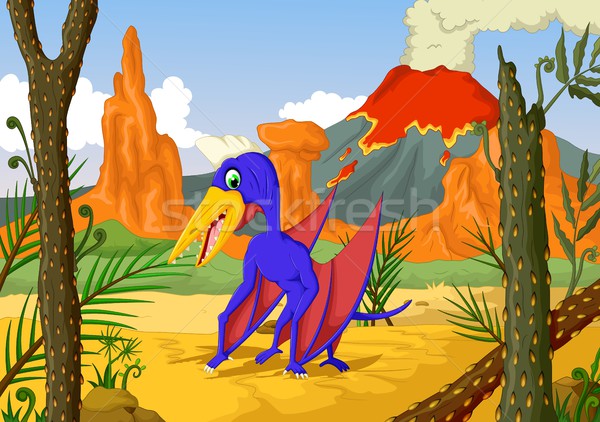 funny pterodactyl cartoon with forest landscape background Stock photo © jawa123