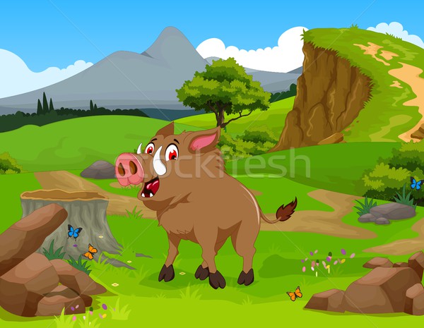 funny Wild boar cartoon in the jungle with landscape background Stock photo © jawa123