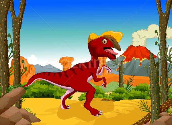 funny dinosaur Parasaurolophus cartoon with forest landscape background Stock photo © jawa123