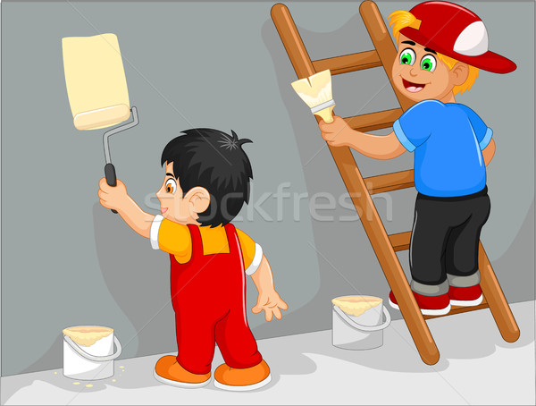 funny tow little boy cartoon painting the wall Stock photo © jawa123