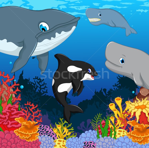 whales cartoon with underwater view and coral background Stock photo © jawa123