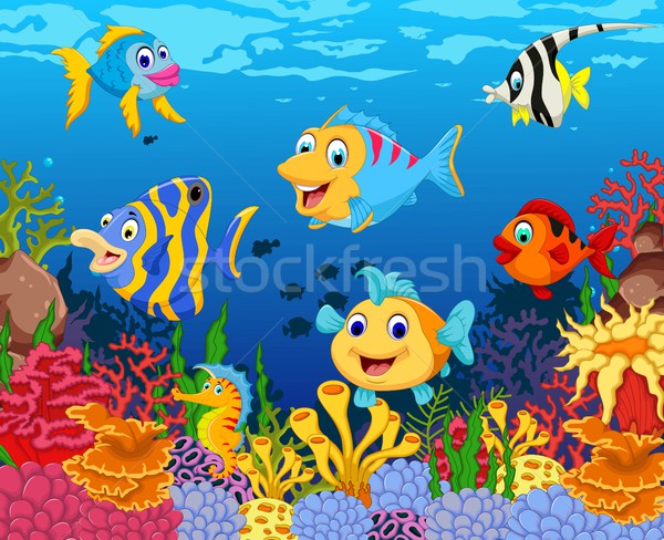 funny fish cartoon with beauty sea life background Stock photo © jawa123