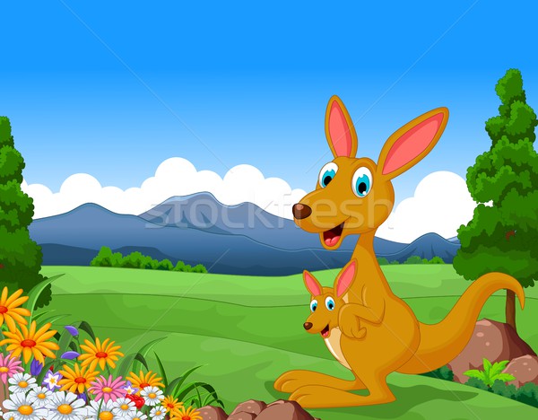 Cartoon kangaroo carrying a cute Joey with landscape background Stock photo © jawa123