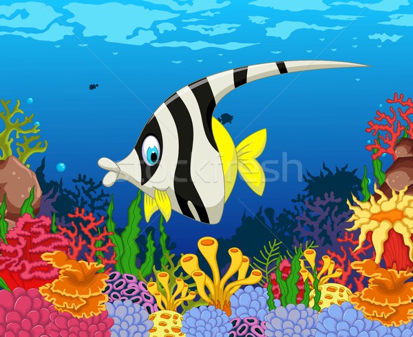 funny black and white angel fish cartoon with beauty sea life background Stock photo © jawa123