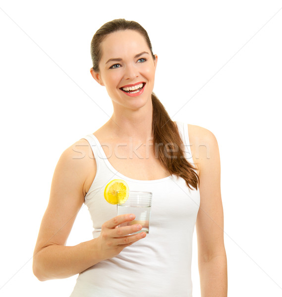 Mujer hermosa riendo vidrio agua aislado Foto stock © jaykayl