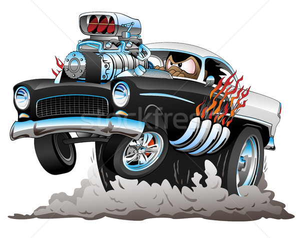 Classic American Fifties Style Hot Rod Funny Car Cartoon with Big Engine, Flames, Smoking Tires, Pop Stock photo © jeff_hobrath