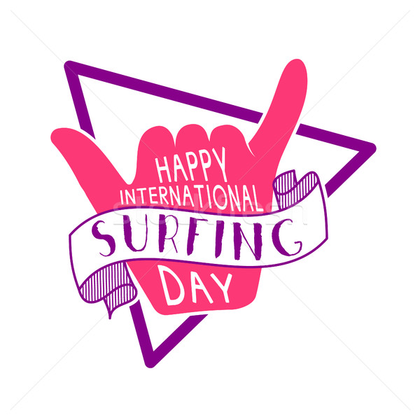 Summer surfing day tattoo design. Vector Vacation typography print emblem. Surfer party with surf sy Stock photo © JeksonGraphics