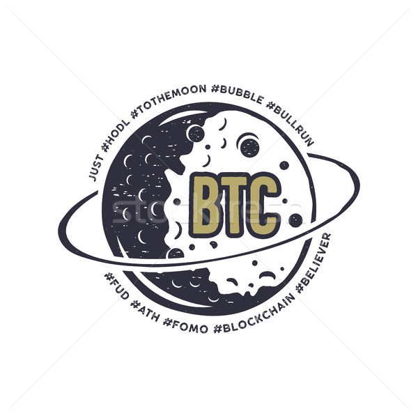 Moon Bitcoin emblem with funny hashtags in orbit - bubble, blockchain, hodl and others. Crypto T-Shi Stock photo © JeksonGraphics