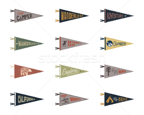 Set of adventure, surfing, camping pennants. Retro colors labels. Vintage hand drawn wanderlust styl Stock photo © JeksonGraphics