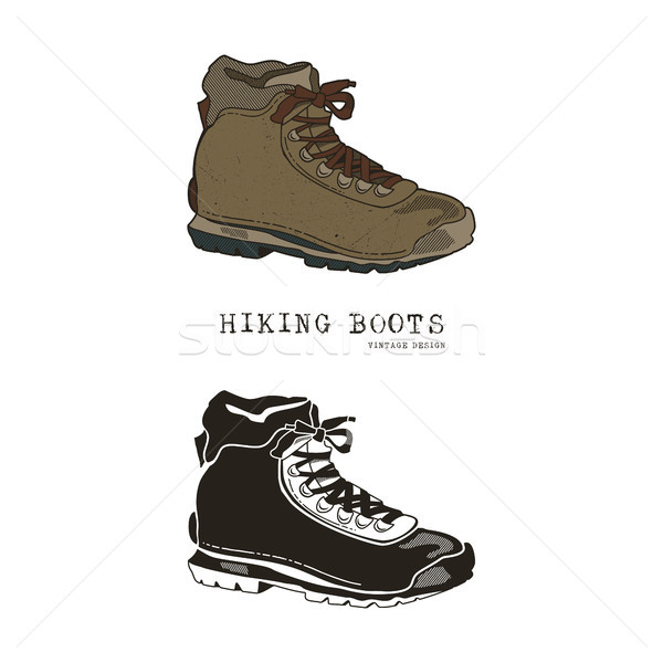 Vintage hand drawn travel boots in retro color and monochrome style. Hiking footwear label, grunge t Stock photo © JeksonGraphics