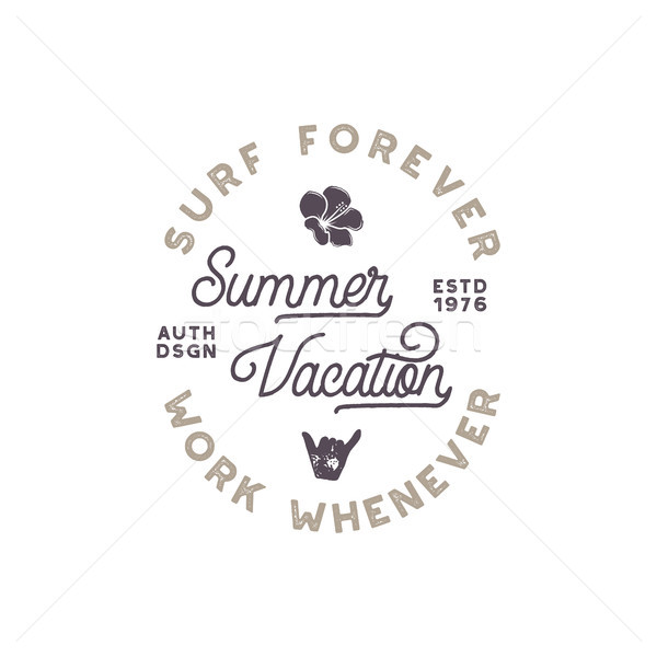 Summer vacation label. Surfing style emblem, logotype design. Flower, shaka sign and typography elem Stock photo © JeksonGraphics