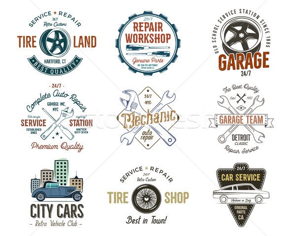 Stock photo: Vintage car service badges, garage repair labels and insignias collection. Retro colors design. Good