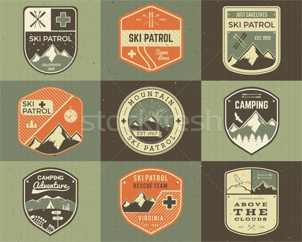 Stock photo: Set of Retro style Ski Club, Patrol Labels. Classic Mountain elements. Winter or summer camping expl