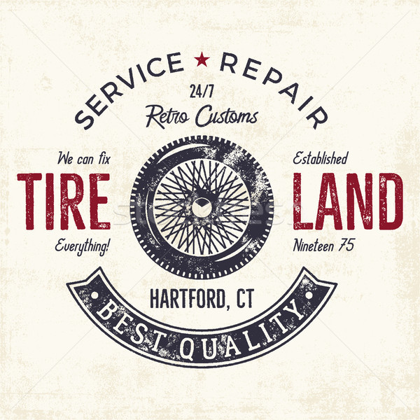 Vintage label design. Tire service emblem in monochrome retro style with vector old wheel and typogr Stock photo © JeksonGraphics