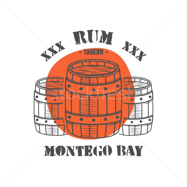 Vintage handcrafted poster template with old barrels and vector sign - rum, montego bay. Sketching f Stock photo © JeksonGraphics