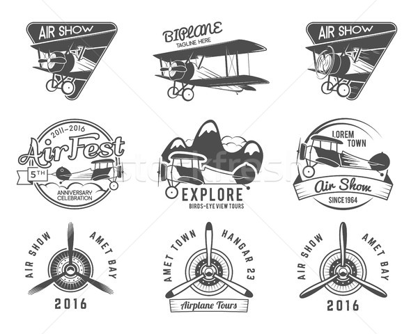 Vintage airplane emblems. Pilot academy. Fly stamp. Retro Plane badges, plane design elements. Aviat Stock photo © JeksonGraphics