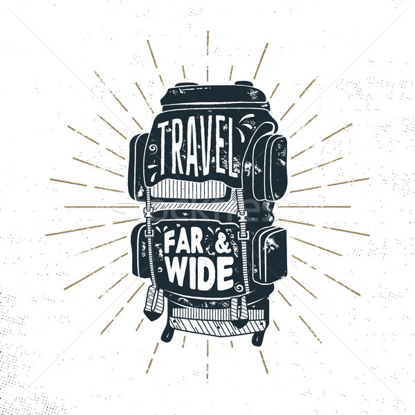 Vintage hand drawn camper backpack design with words - travel far and wide. Retro silhouette rucksac Stock photo © JeksonGraphics