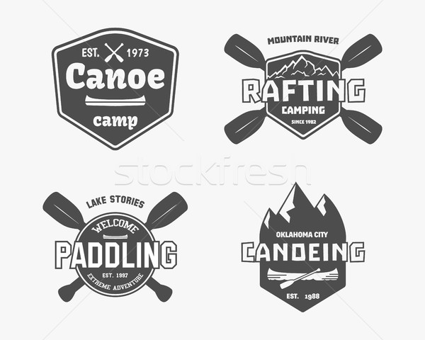 Stock photo: Set of vintage rafting, kayaking, canoeing camp logo, labels and badges. Stylish Monochrome design. 
