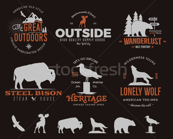 Wild animal badges set and outdoors activity insignias. Retro illustration of animal badges. Typogra Stock photo © JeksonGraphics