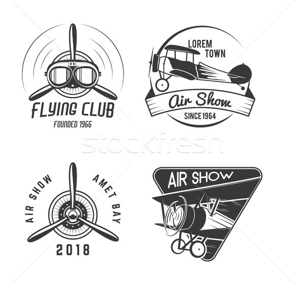 Vintage hand drawn old fly stamps. Travel or business airplane tour emblems. Biplane academy labels. Stock photo © JeksonGraphics