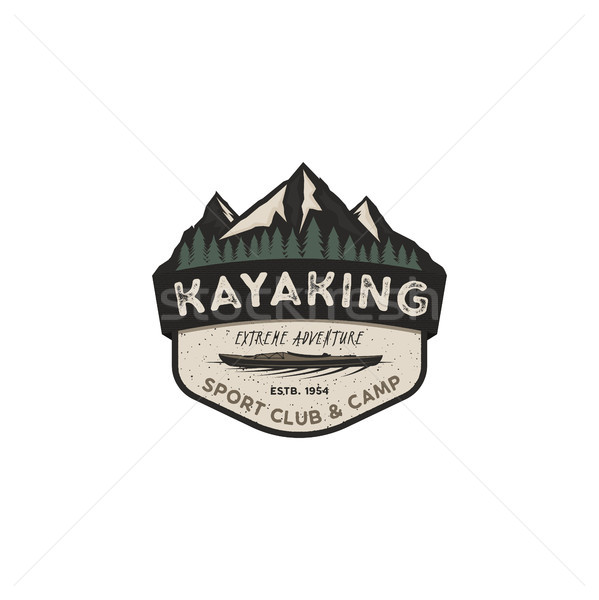 Kajakken vintage badge berg ontdekkingsreiziger label Stockfoto © JeksonGraphics