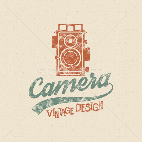 Retro poster or logo template with old camera icon. Isolated on grunge halftone background. Photogra Stock photo © JeksonGraphics