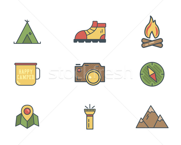 Summer and winter mountain explorer camp icons in flat style. Travel, hiking, climbing pictograms. R Stock photo © JeksonGraphics