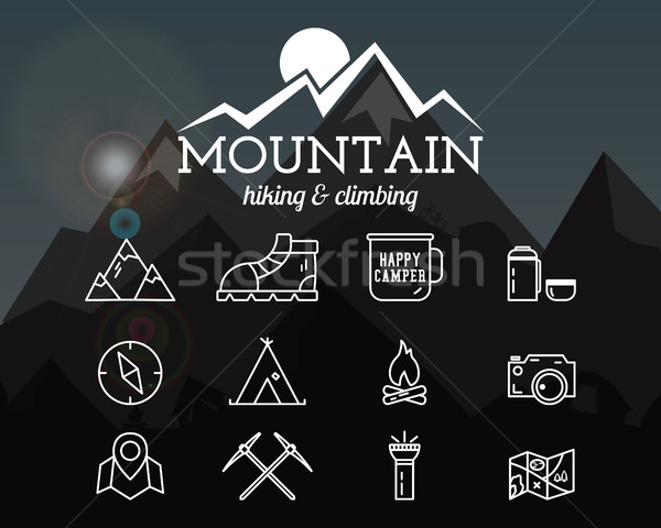 Summer mountain camp badge, logo template and label. Travel, hiking, climbing line icons. Thin outli Stock photo © JeksonGraphics
