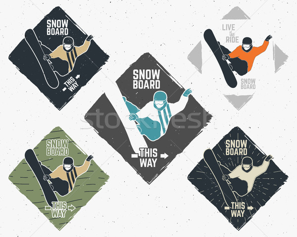 Conjunto snowboarding adesivos vintage montanha explorador Foto stock © JeksonGraphics
