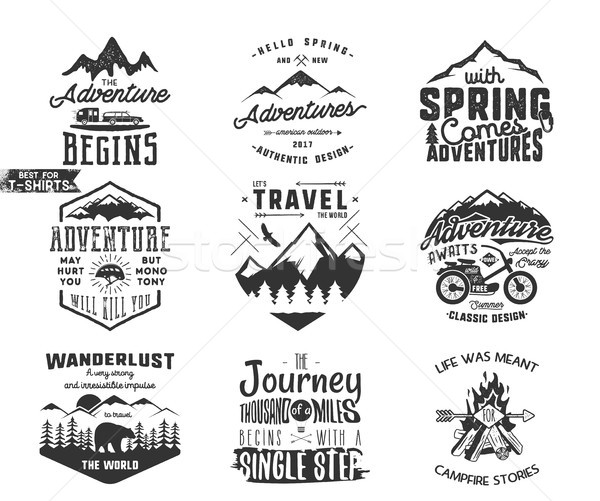 Spring adventure and mountain explorer typography labels set. Outdoors activity inspirational insign Stock photo © JeksonGraphics