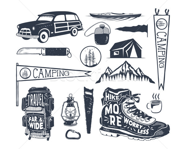 Vintage hand drawn adventure symbols, hiking, camping shapes of backpack, pennant, kayak, surf car,  Stock photo © JeksonGraphics