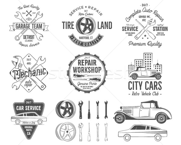 Oldtimer dienst badges garage reparatie retro Stockfoto © JeksonGraphics