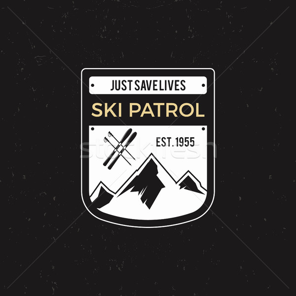 Winter ski patrol Label with ski equipment and mountains. Vintage extreme adventure badge. Outdoors  Stock photo © JeksonGraphics