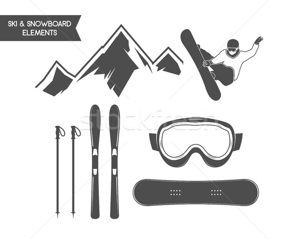 Winter sports elements. Snowboard, ski symbols. Outdoor adventure icon. Travel hand drawn and hipste Stock photo © JeksonGraphics