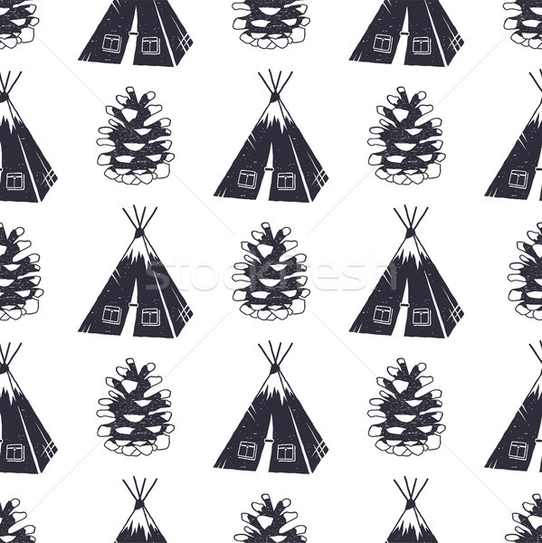Vintage hand drawn camping and forest pattern design. Seamless wallpaper with tent, pine cone. Monoc Stock photo © JeksonGraphics
